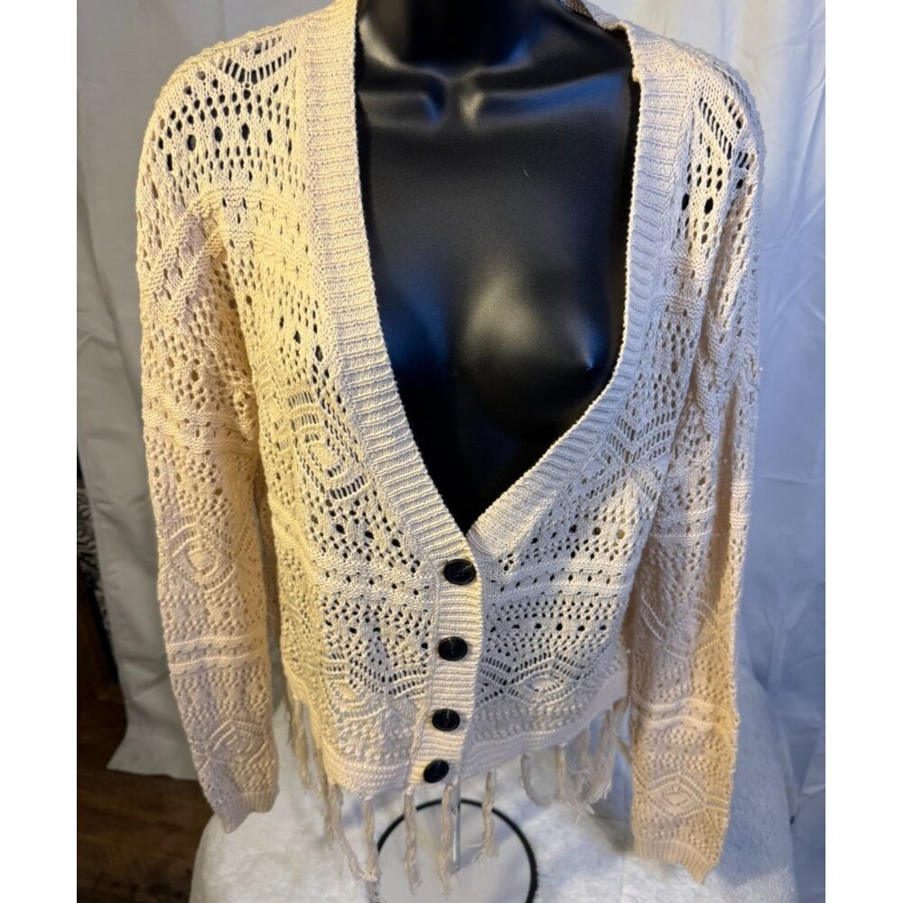Crochet Fringe Cardigan Sweater Ivory Women’s Small Granny Coastal Hippie Boho